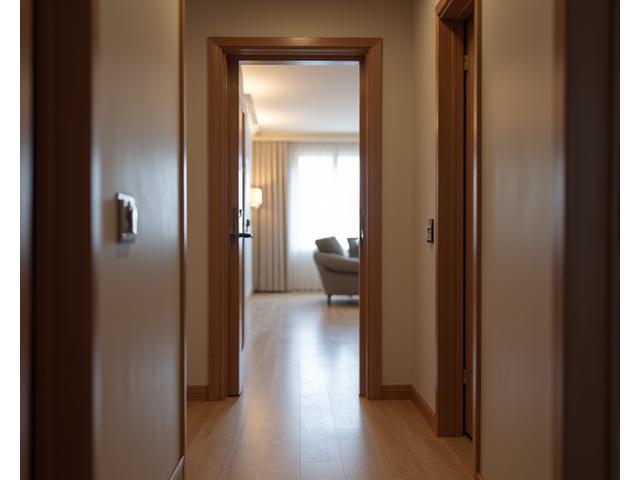 A sleek, modern acoustic door separating an apartment entrance from a noisy building corridor, illustrating effective sound blocking.