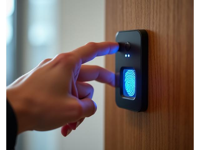 Close-up view of a hand touching a biometric fingerprint scanner integrated into a modern wooden door handle. The scanner glows with a soft blue light, indicating active technology.